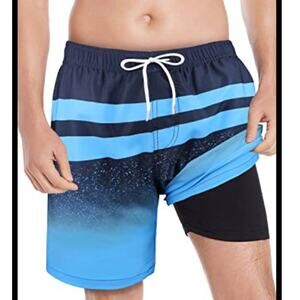 QRANSS Men's Blue Swim Trunks With Compression Liner M